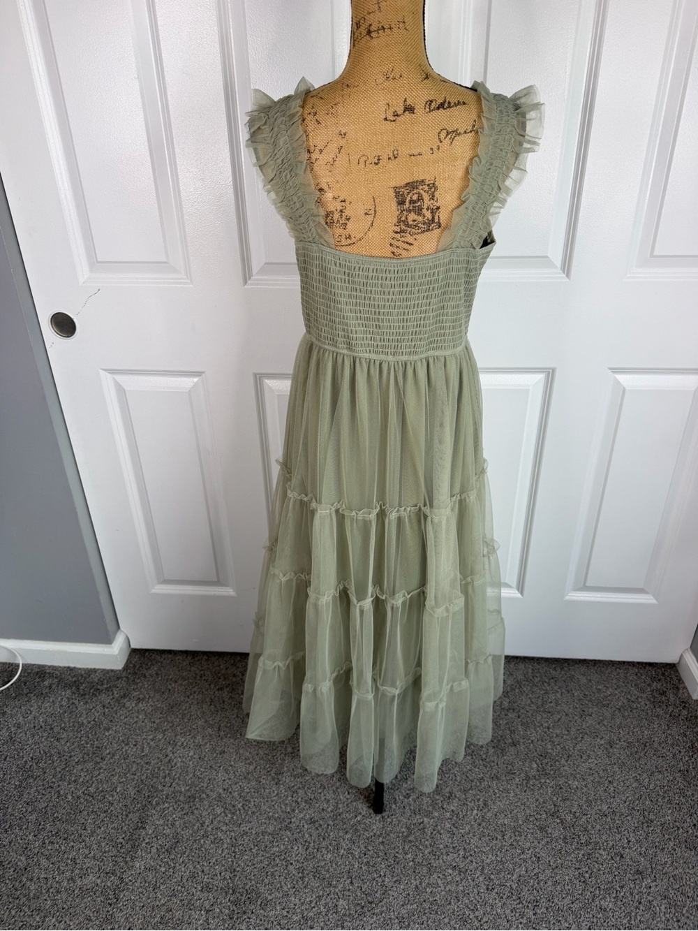 PrettyGarden Sage Green Smocked Tiered Maxi Dress Size L Ruffle Strap NWOT - Picture 8 of 11